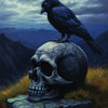 A dark bird perches on a weathered skull resting on a stone slab in a moody, mountainous landscape.