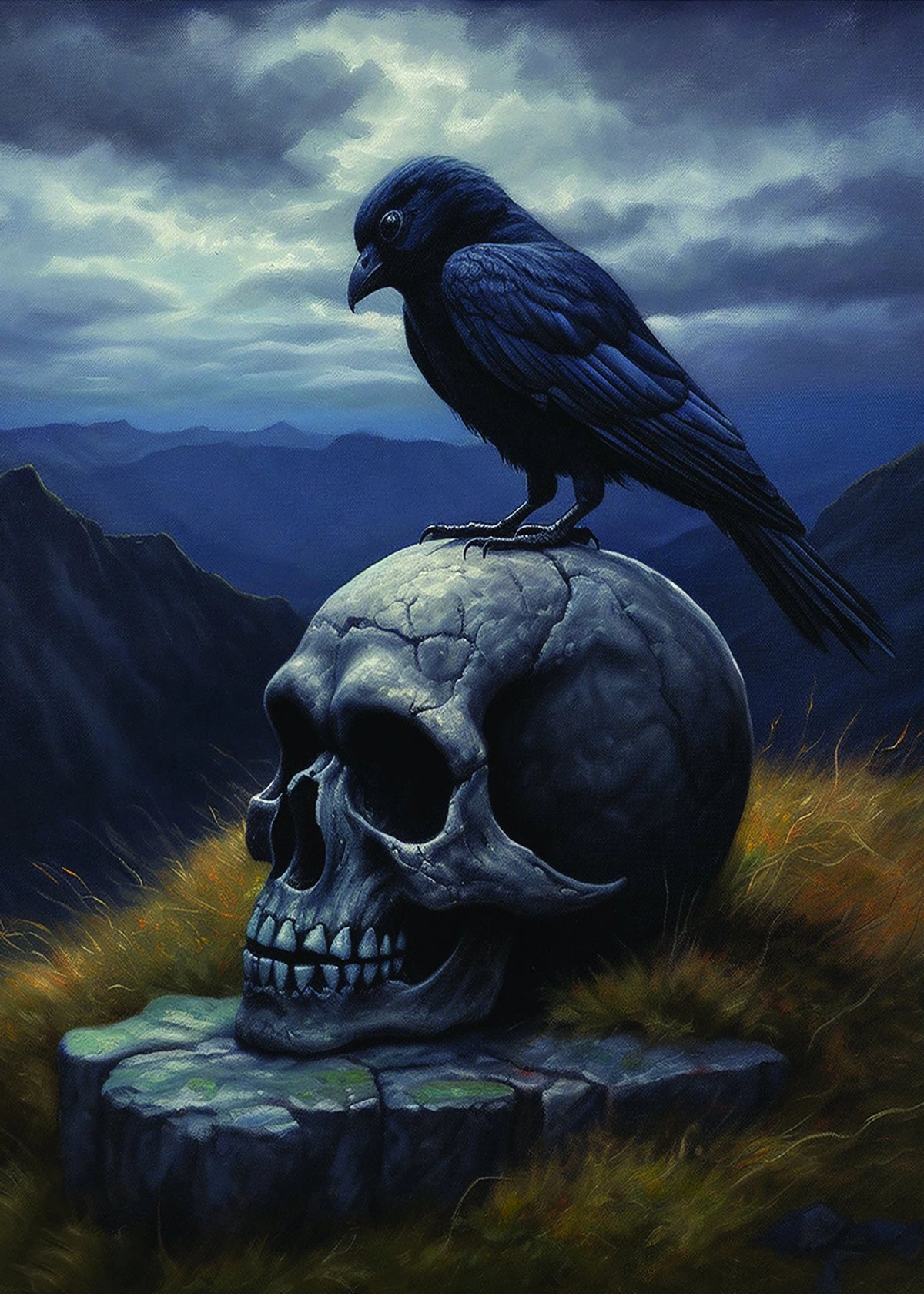 A dark bird perches on a weathered skull resting on a stone slab in a moody, mountainous landscape.
