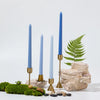 A set of tall, gradient blue taper candles with gold accents resting on natural wood and moss.