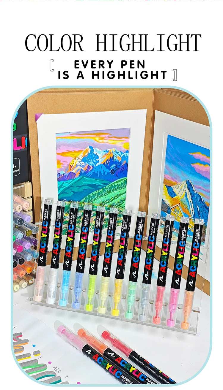 A display of 36 color acrylic paint markers in various shades and colors, including a framed artwork.