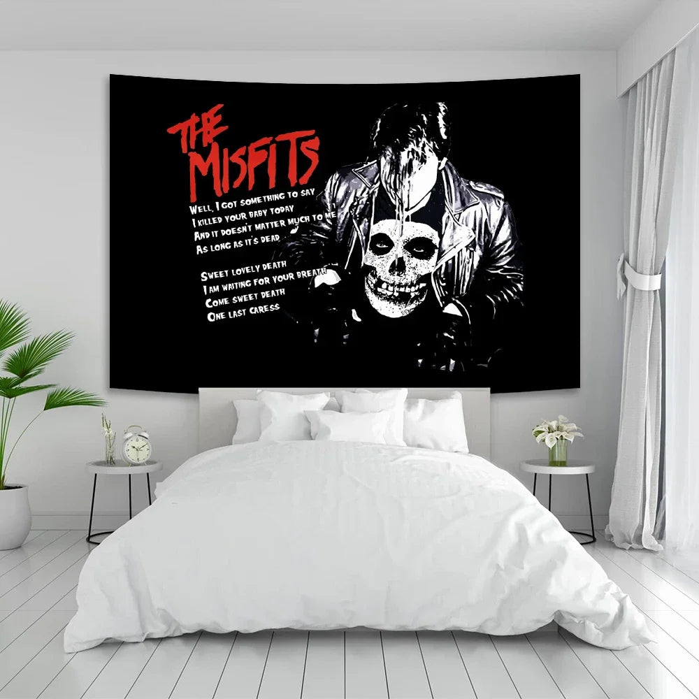A black canvas print featuring the text The Misfits and a skull design on a white background.