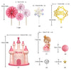 A set of pink and white princess castle cake toppers, including a large tiered castle, a flower, and star shapes.