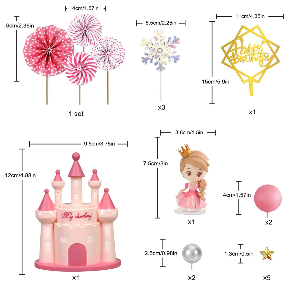 A set of pink and white princess castle cake toppers, including a large tiered castle, a flower, and star shapes.