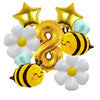 A set of six aluminum foil daisy balloons in yellow and white, including a number eight balloon.