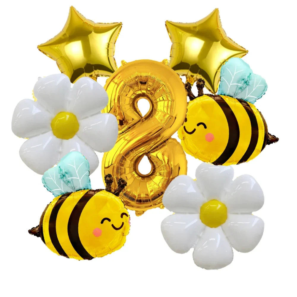 A set of six aluminum foil daisy balloons in yellow and white, including a number eight balloon.