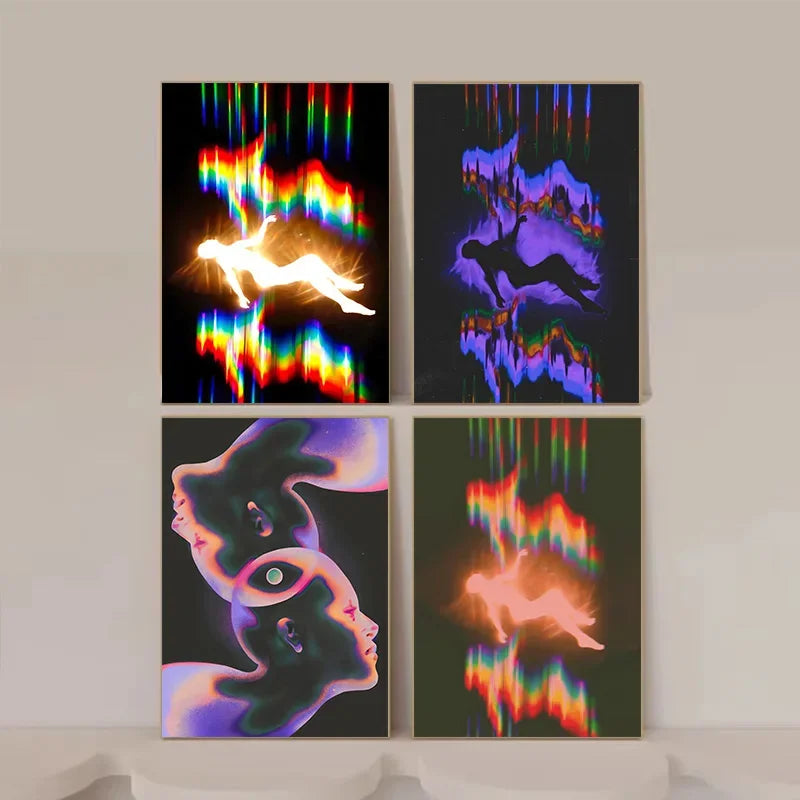 A grid of four abstract canvas prints featuring vibrant light trails and silhouettes against dark backgrounds.