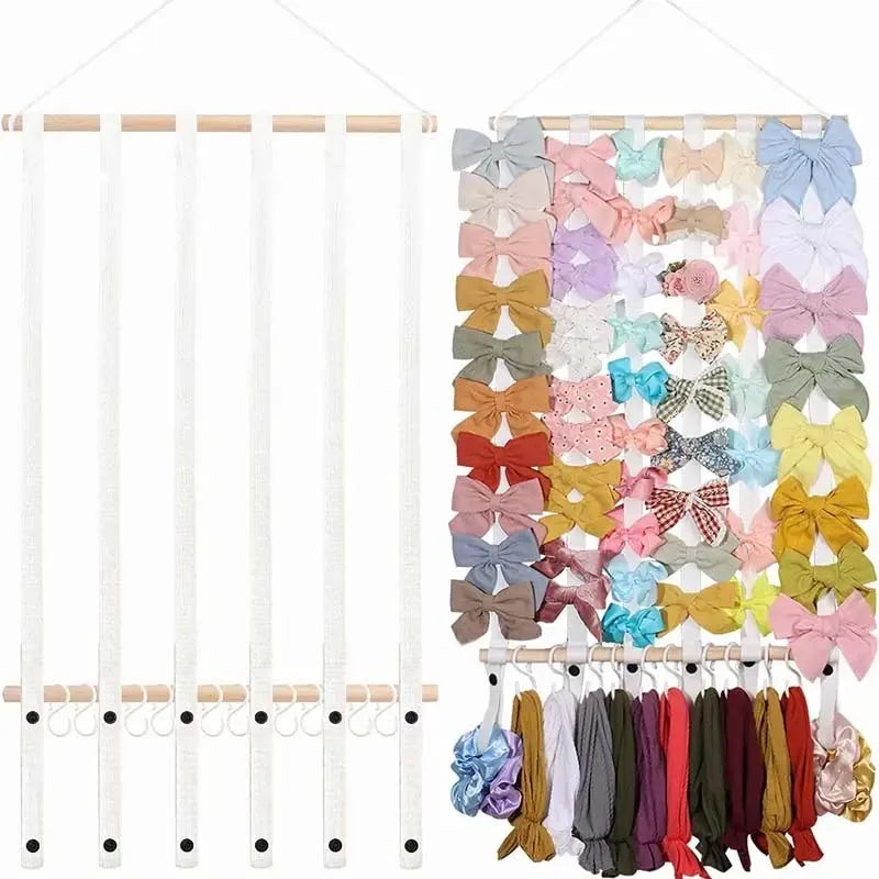 Wall-mounted headband holder with various colored fabric headbands for girls