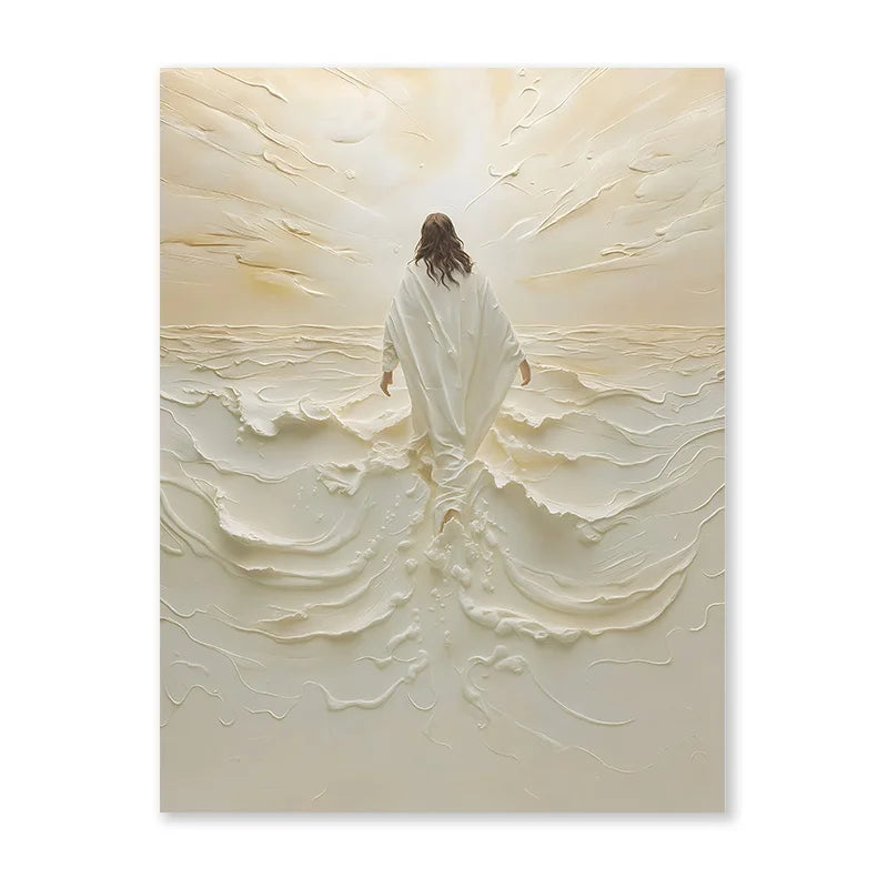 A canvas art print depicting a figure resembling Jesus walking on water amidst swirling white and beige textures.