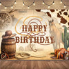 A rustic Wild West cowboy birthday backdrop featuring a farm scene with a wooden barrel, wagon wheel, and a horse.