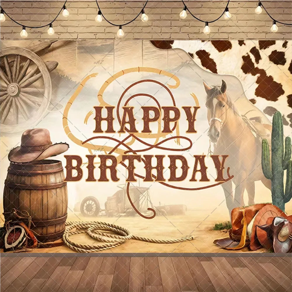 A rustic Wild West cowboy birthday backdrop featuring a farm scene with a wooden barrel, wagon wheel, and a horse.