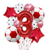 A collection of red and white football shaped foil balloons, including stars and numbers, for birthday party decorations.