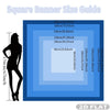A guide showing various square banner sizes in centimeters and inches, illustrated next to a silhouette of a person.