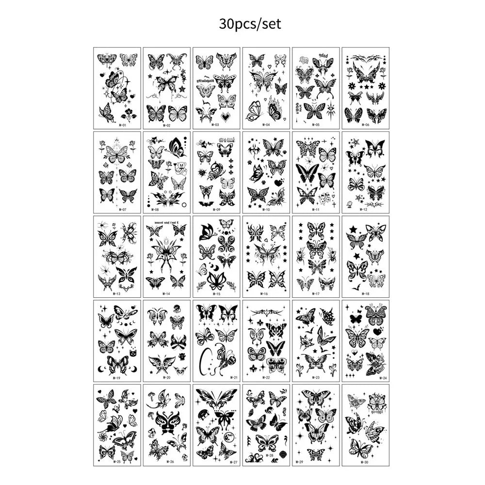 A collection of 30 pieces of waterproof temporary body art stickers featuring various butterfly and insect designs.