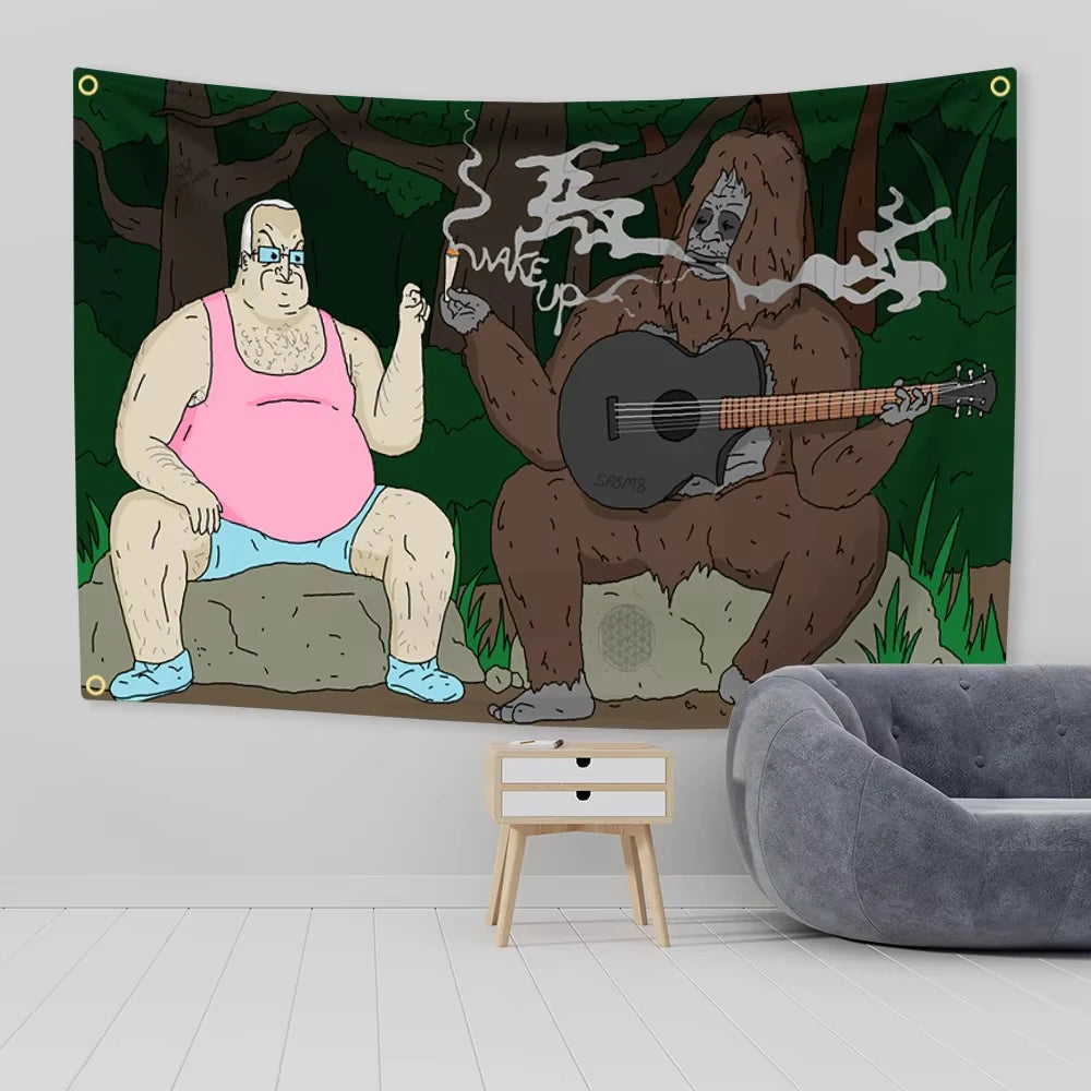 Arte de pared de tapiz con un meme de una criatura peluda grande tocando la guitarra.