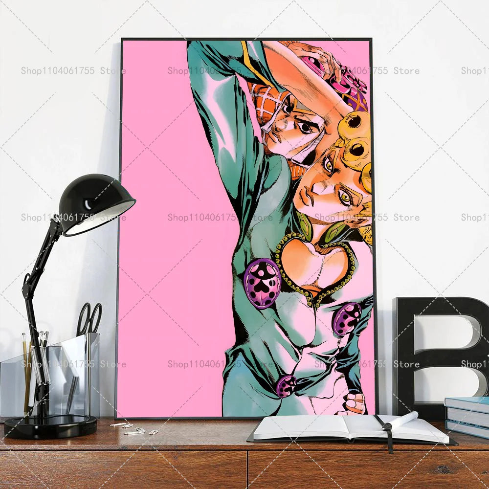 A vertical poster featuring an anime character in a vibrant green outfit against a bright pink background.