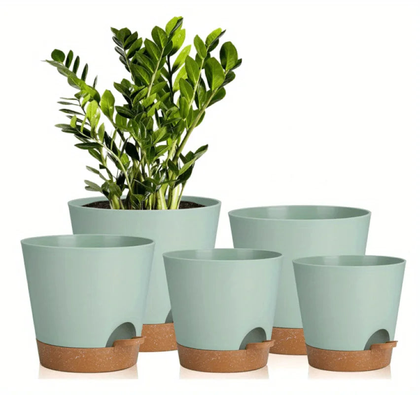 A set of five light green self-watering plant pots with drainage holes shown on a white background.