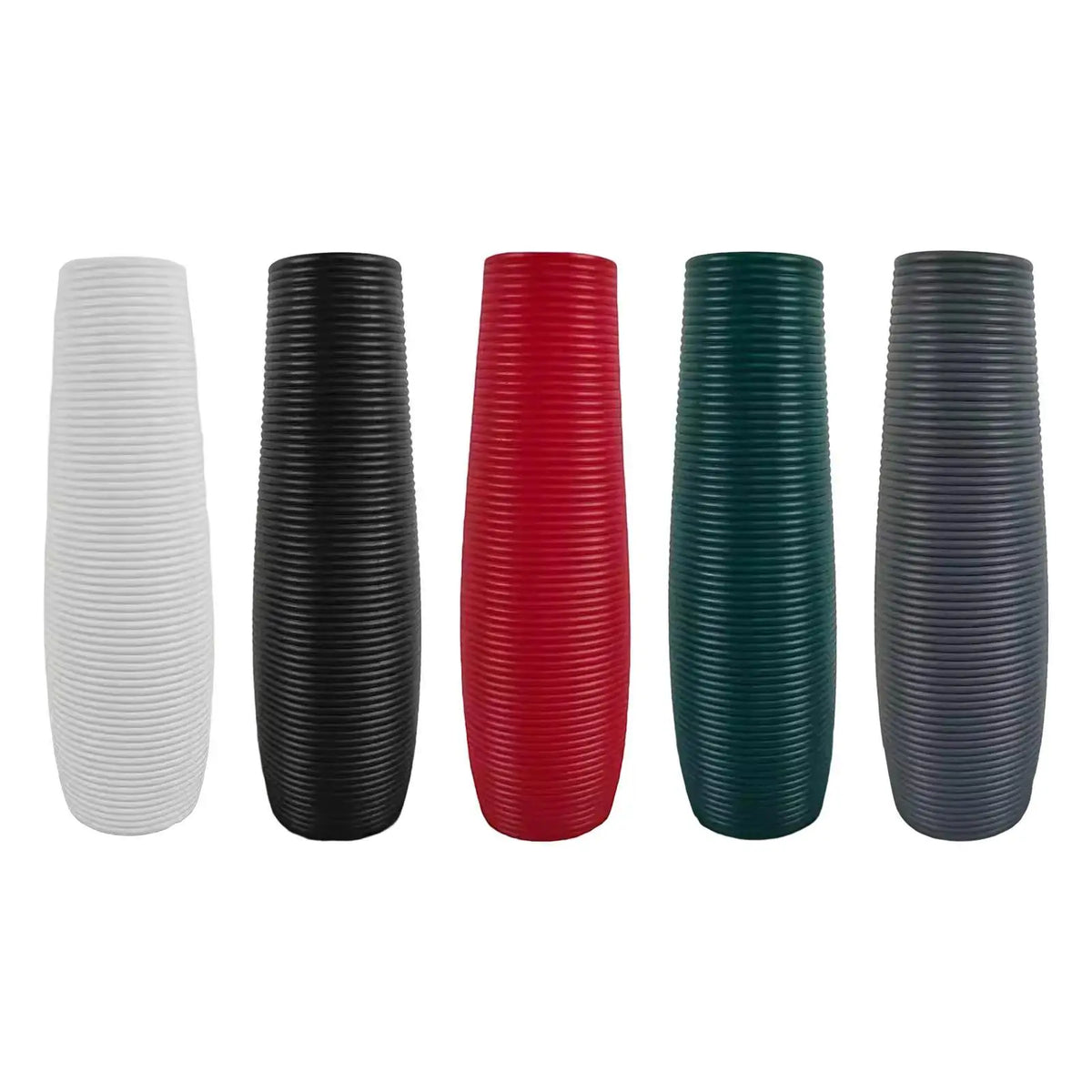 Five modern tall floor vases in white, black, red, green, and gray finishes.