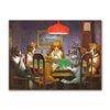 A painting of several dogs gathered around a table playing poker in a dimly lit room.