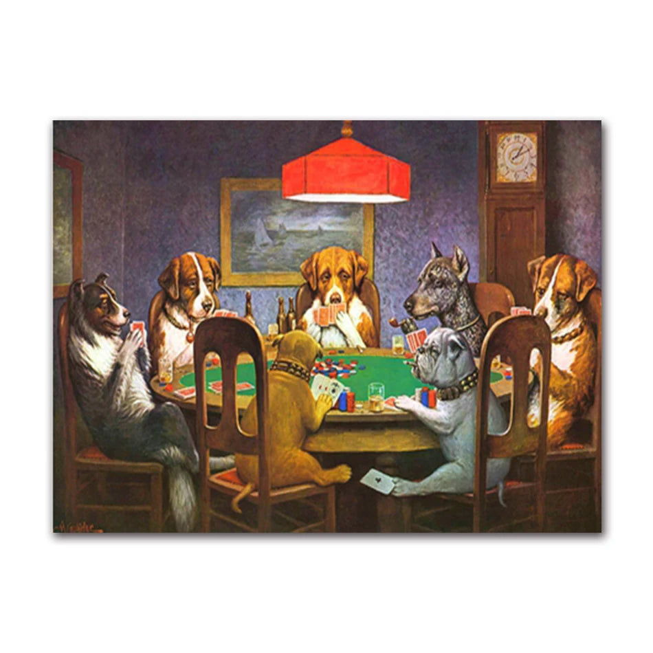 A painting of several dogs gathered around a table playing poker in a dimly lit room.