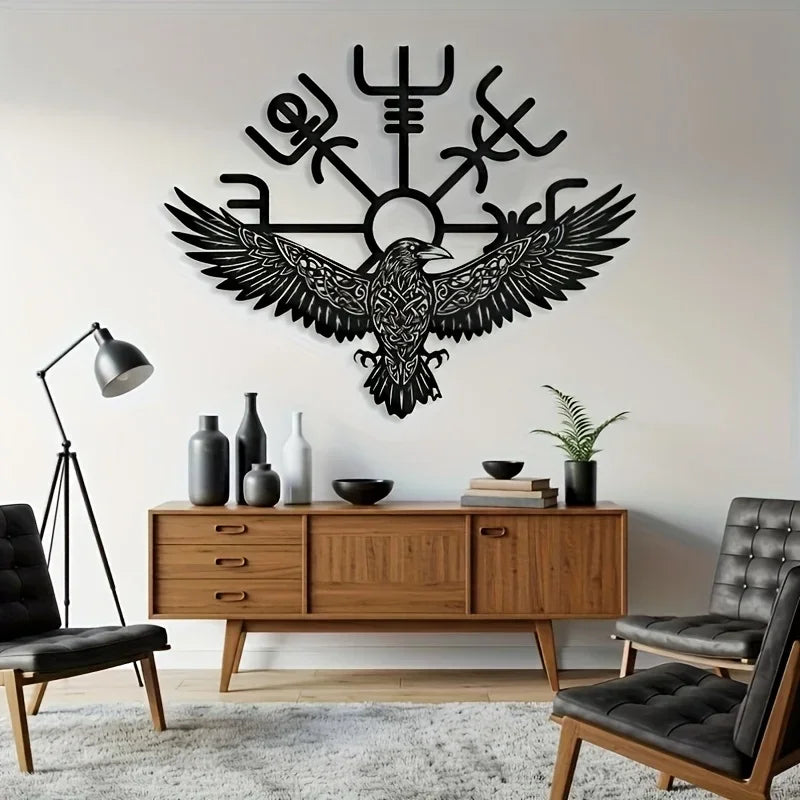 Viking Raven Metal Wall Art with Celtic Compass Symbol