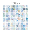 A grid of 100 vintage paper patterns in various shades of blue, pink, and yellow for junk journals and scrapbooking.