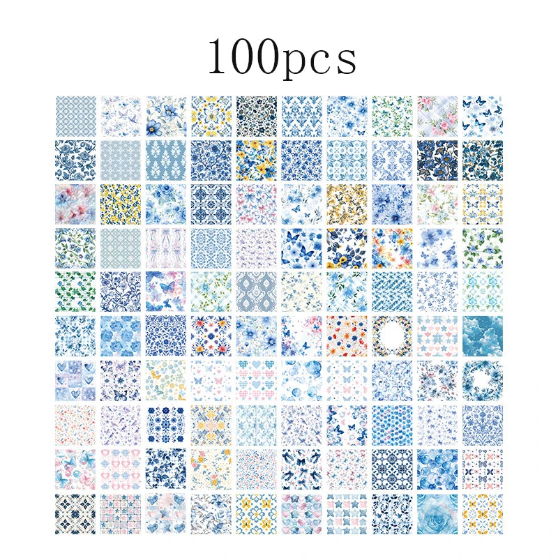 A grid of 100 vintage paper patterns in various shades of blue, pink, and yellow for junk journals and scrapbooking.