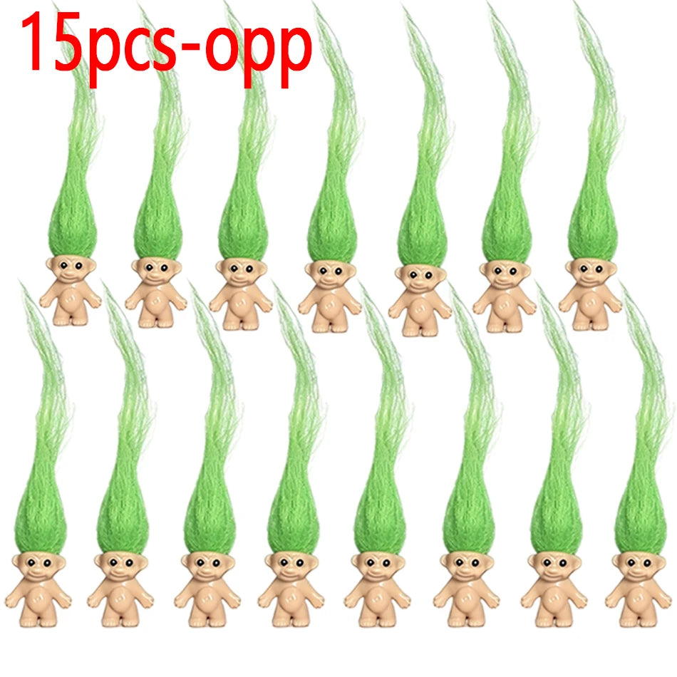 A set of 15 mini retro troll doll collectible figures in various shades of green.
