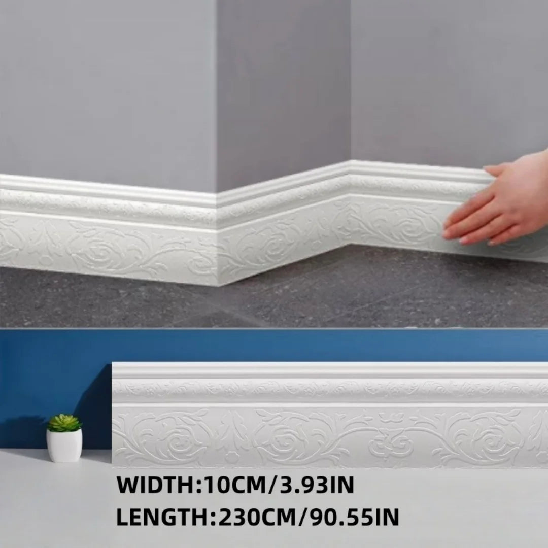 White 3D wall trim line baseboard border for modern home decor shown in profile view