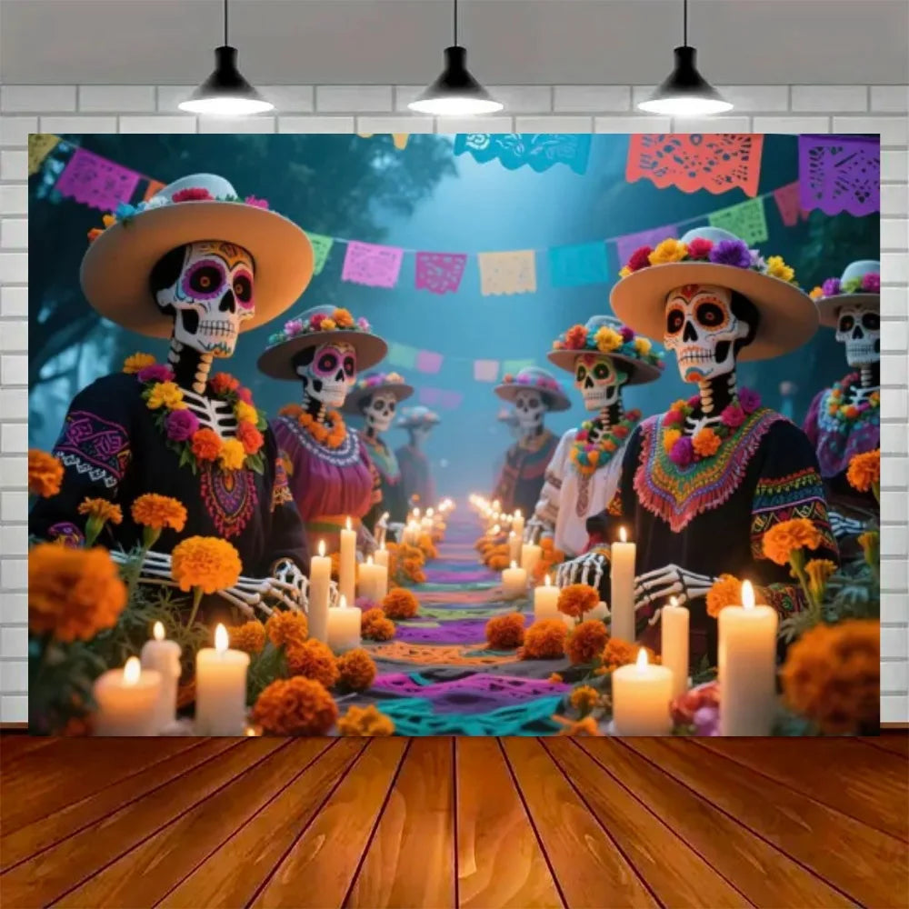 Day of the Dead Skeleton Carnival Backdrop for Halloween Party Decorations