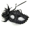 Black lace masquerade mask adorned with rhinestones and a black feather