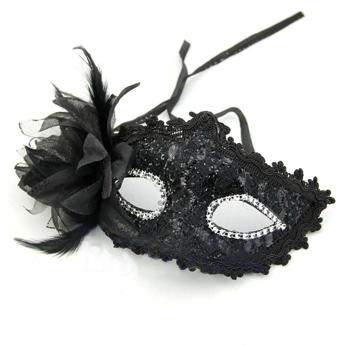 Black lace masquerade mask adorned with rhinestones and a black feather