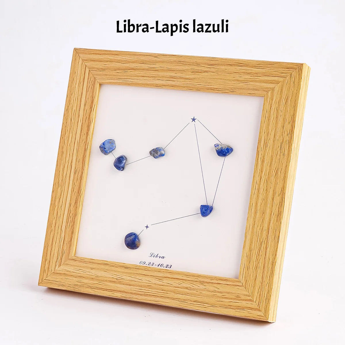 Holzrahmen mit Sternbildmuster aus blauen Kristallen, beschriftet als Libra-Lapis lazuli.