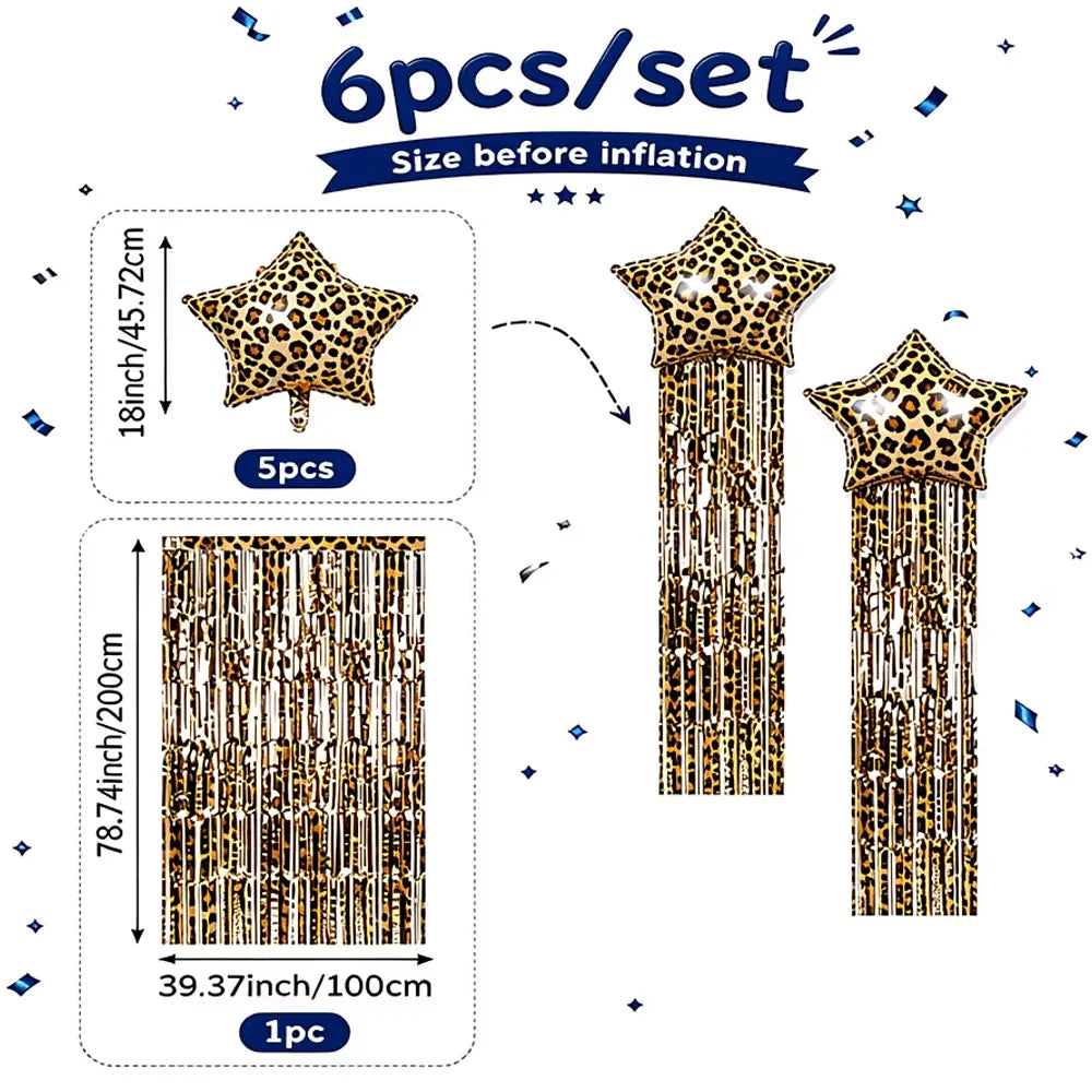 Set of six leopard print star balloons with tassel curtains, showing size before inflation.
