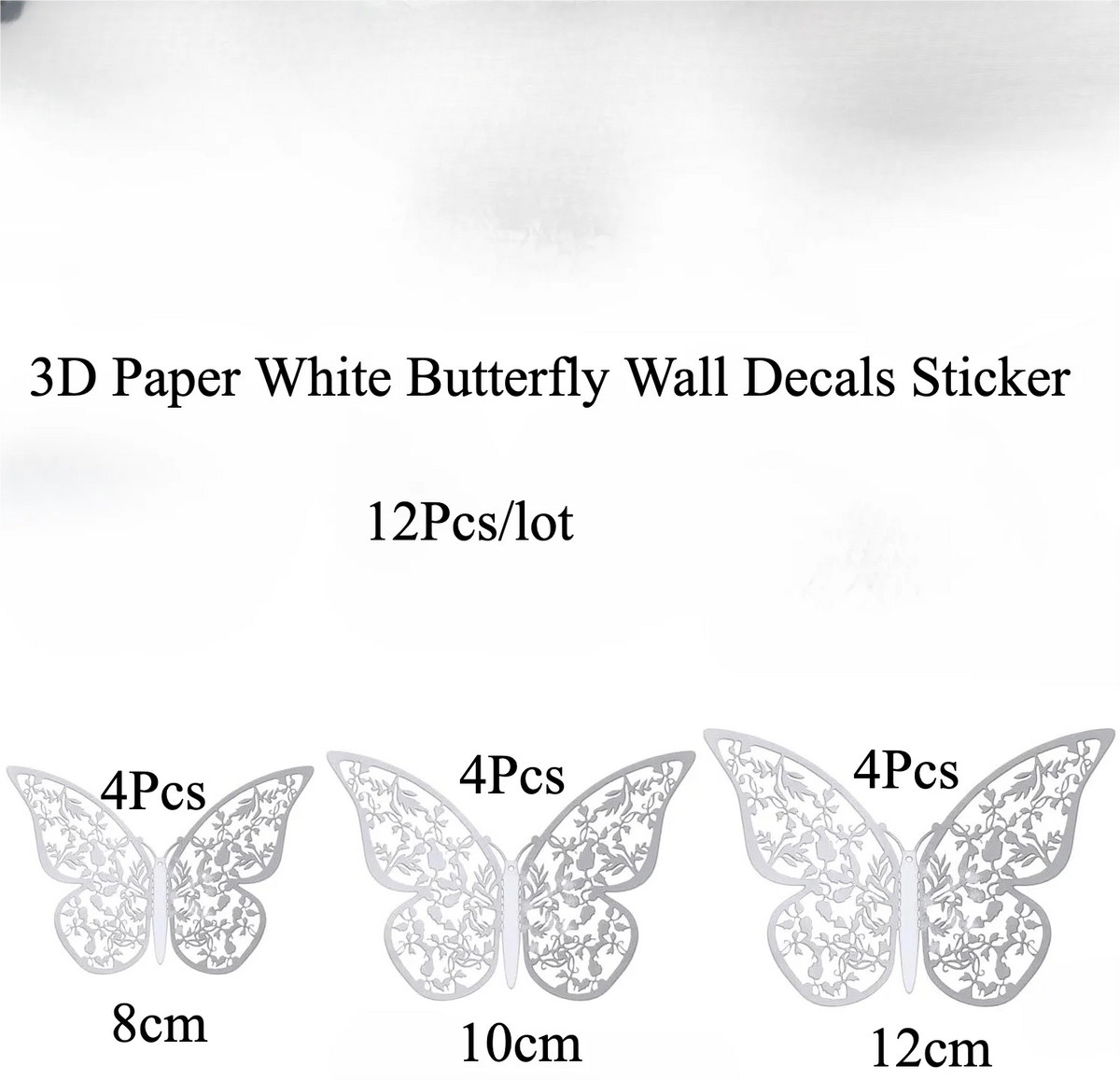 Set von 3D-Papier-weißen Schmetterlings-Wandaufklebern in verschiedenen Größen: 8 cm, 10 cm und 12 cm.