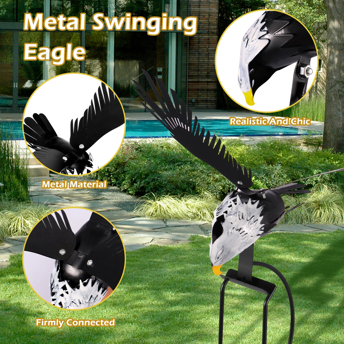 A black and white metal swinging eagle wind spinner garden decoration with realistic and chic design.
