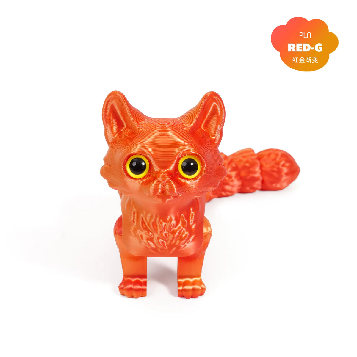 Orange 3D printed cat figurine with an articulated tail