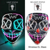 A close-up view of a black EL mask with neon wire details, showing both light and no light status options.