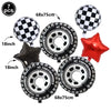 Set of seven black and white checkered balloons and a red star balloon for party decorations