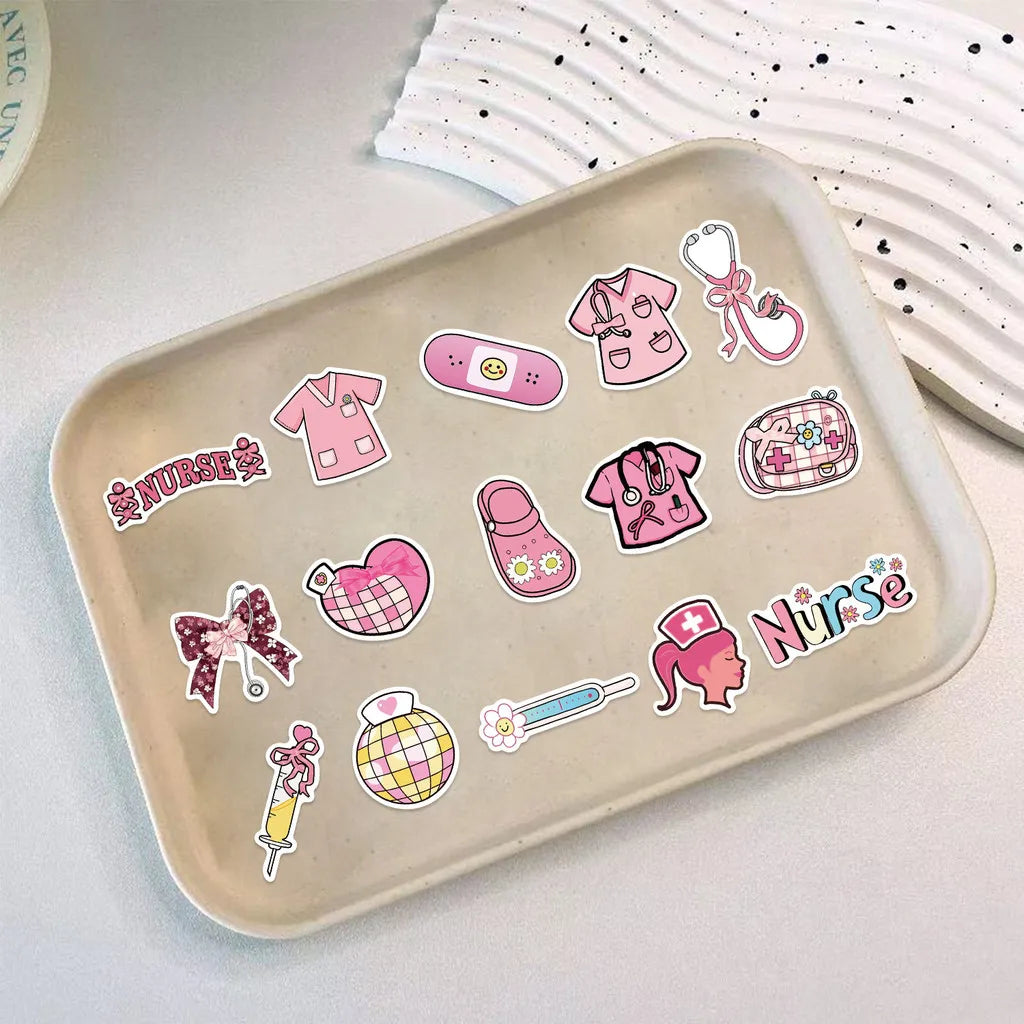 A collection of pink bow nurse graffiti stickers featuring clothing, medical items, and nurse graphics on a light tray.