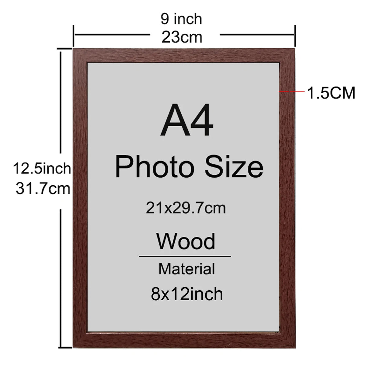 A wooden picture frame with an A4 photo size opening, measuring 9 inches by 1.5 cm.