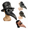 A set of plague doctor masks featuring leather and metal details, shown on a mannequin head.