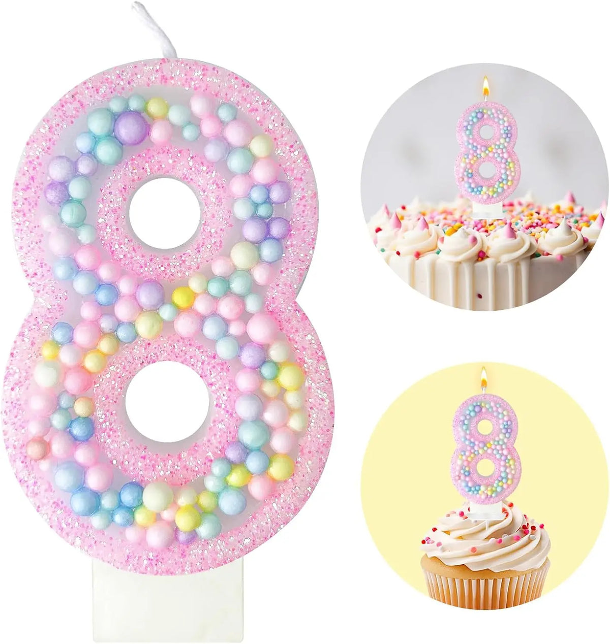 Pink glitter number 8 birthday candle set with frosting cupcakes