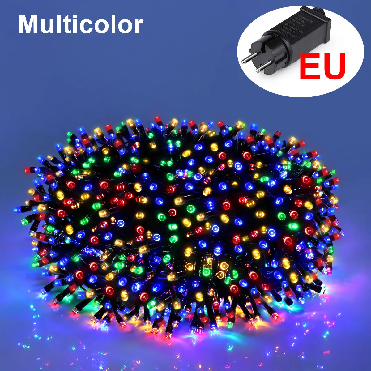 A spherical cluster of multicolor LED string lights illuminating a dark blue background.