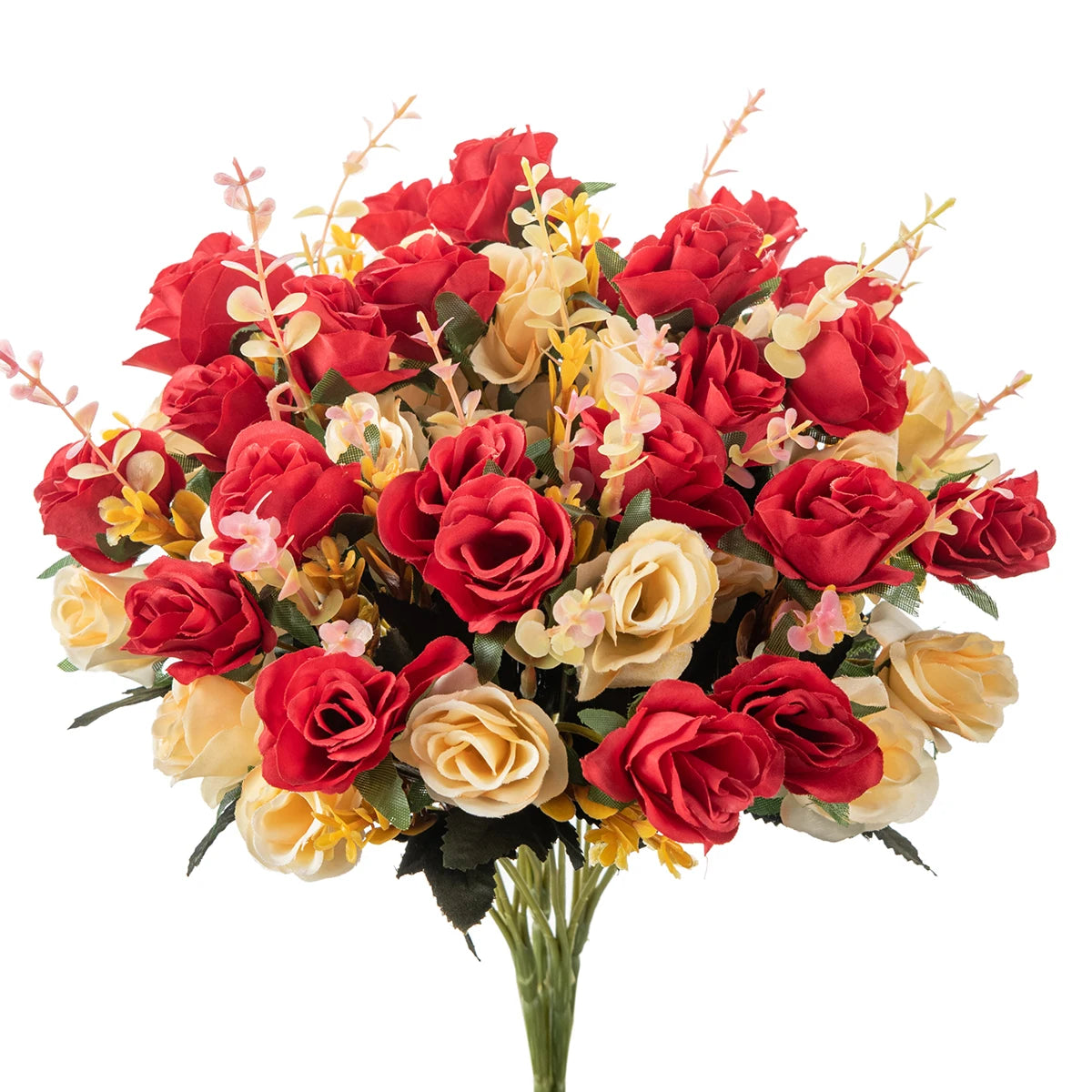 A vibrant bouquet of red and peach silk rose flowers for weddings and home decor.