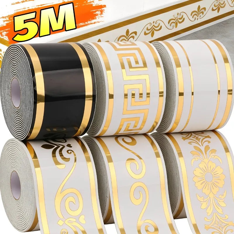 Rolls of gold and white self-adhesive PVC skirting board trim for waterproof finishing