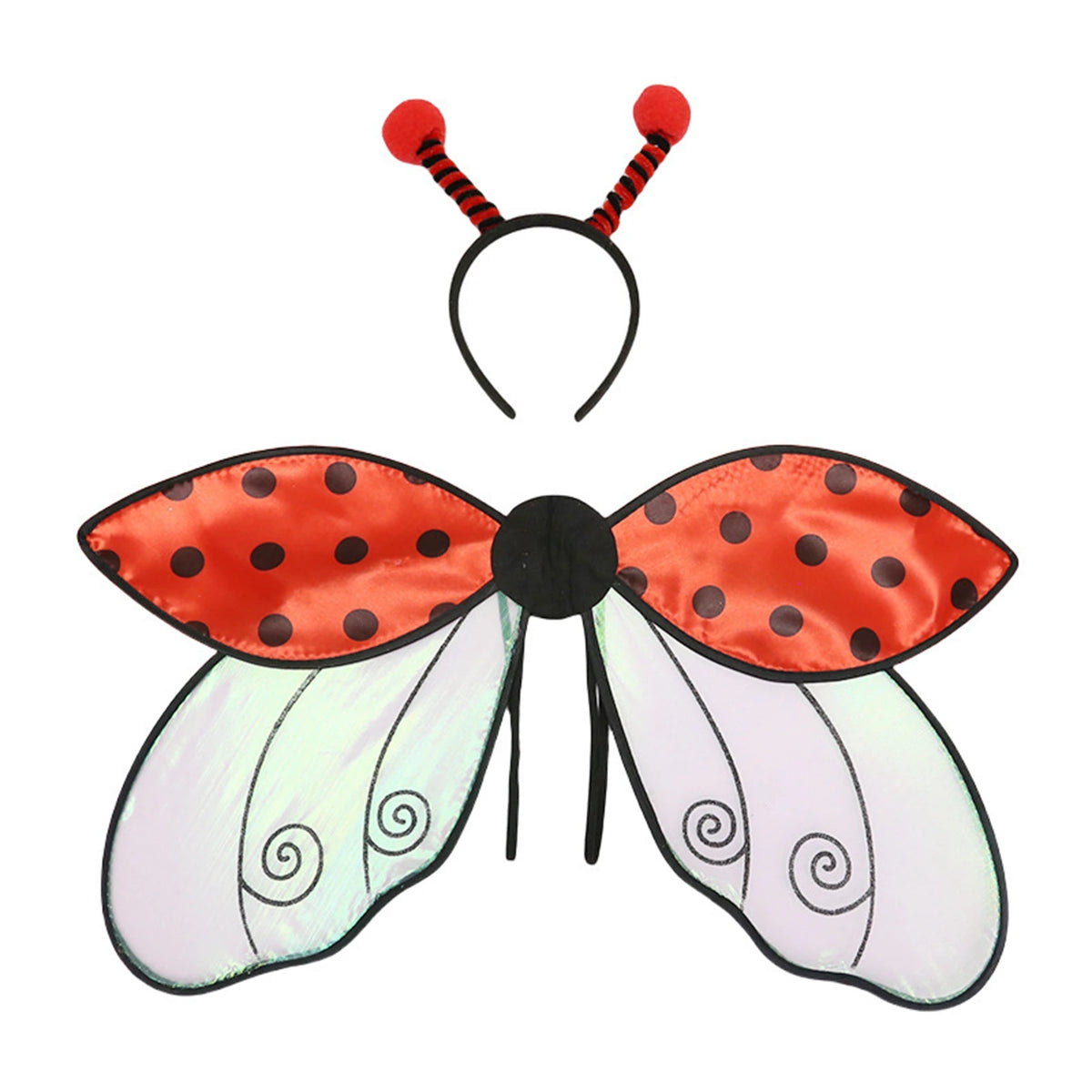 An insect wing and headband costume set featuring orange and black striped antennae and iridescent wings.