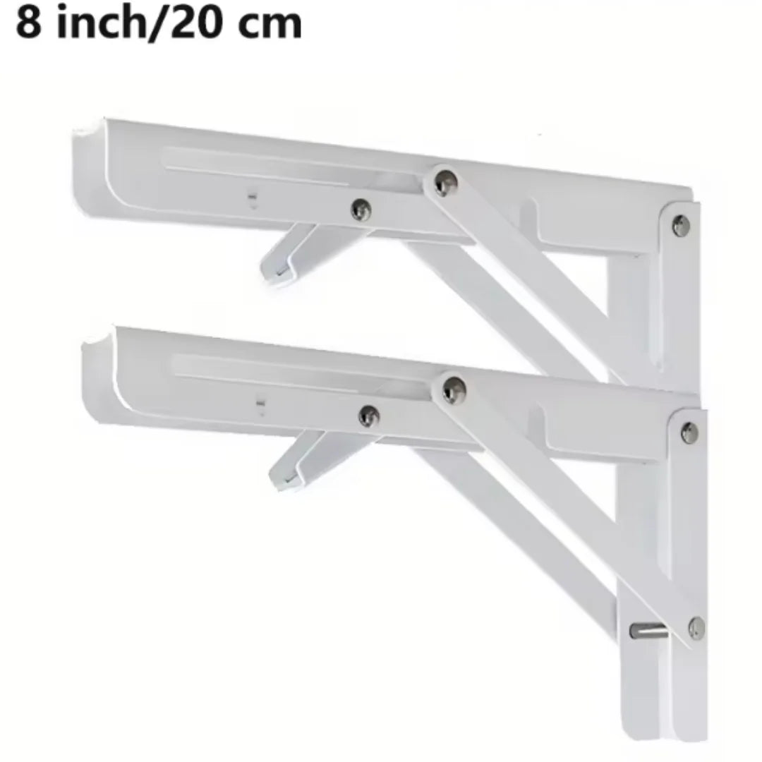 A pair of white heavy-duty foldable wall-mounted shelf brackets shown in a close-up view.