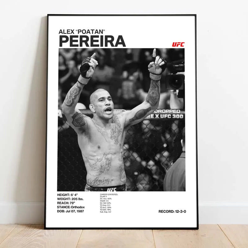 Foto en blanco y negro de Alex Poatan Pereira con detalles e información de UFC