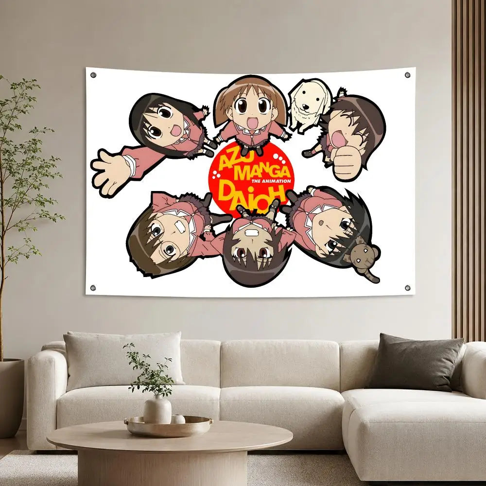 A framed anime tapestry featuring characters from Azumanga Daioh in a vibrant style.