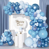 A blue latex balloon garland featuring various shades of light and dark blue balloons arranged in an archway.